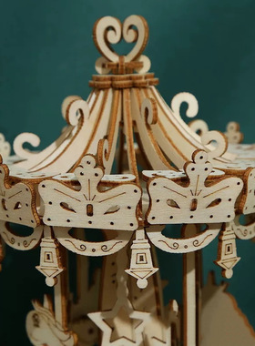 3D拼图旋转木马音乐盒手工木制拼装家居摆件模型工艺品.益智款