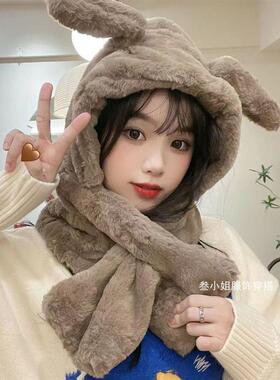 耳朵可以动的帽子帽子女冬季韩版会动兔耳朵学生连体帽骑车加厚保