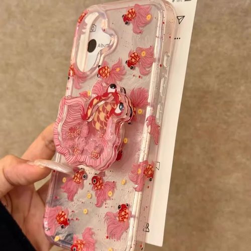 文艺国风红色锦鲤适用苹果17promax手机壳iPhone16pro冰川纹oppo华为荣耀400小米15/14带支架vivo少女防摔壳 - 图1