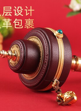 藏式皮革铜手摇转轮底座装饰手持转桶度母圣大转金桶室内家居摆件