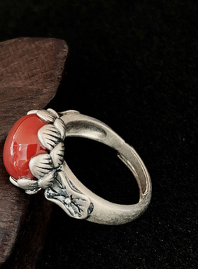 红色锆石莲花戒指女款小众设计复