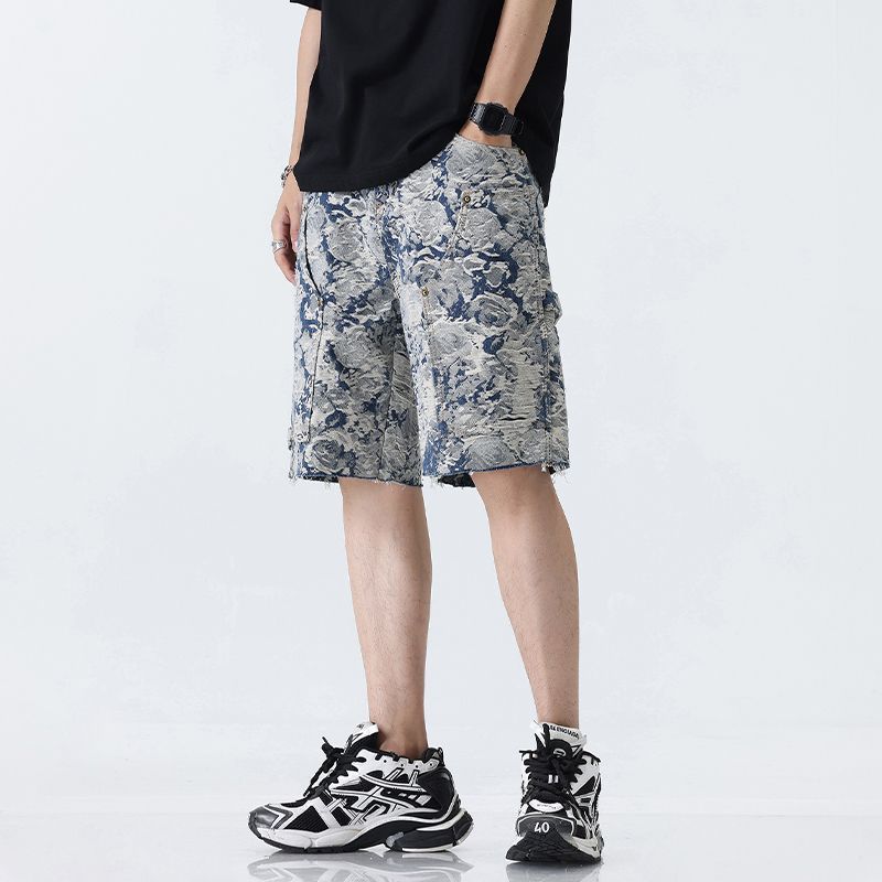 巴黎风潮牌美式复古高街提花牛仔短裤男宽松直筒五分裤中裤子 - 图2