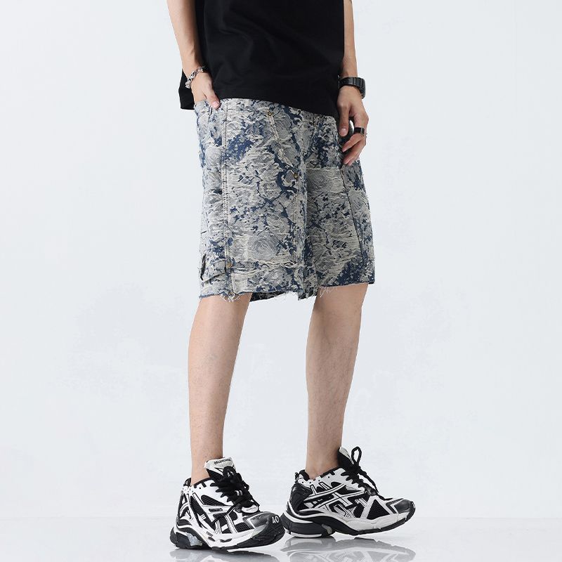 巴黎风潮牌美式复古高街提花牛仔短裤男宽松直筒五分裤中裤子 - 图1