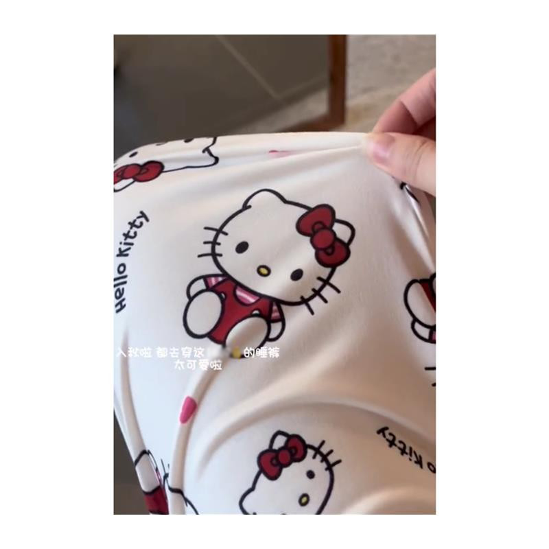 hellokitty睡裤可爱米白凯蒂猫睡裤春秋长裤透气高腰宽松阔腿裤家