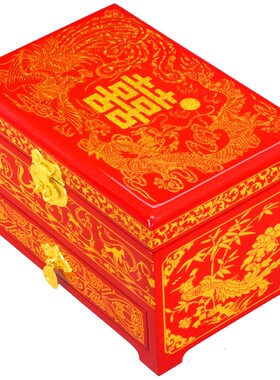 平遥推光漆器首饰盒复古实木质梳妆盒中式结婚陪嫁收纳盒三层带锁