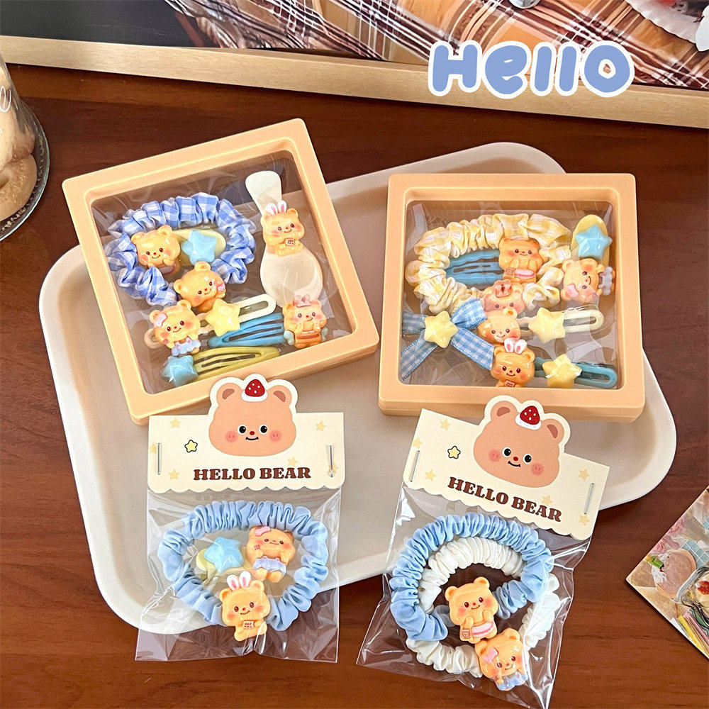 跨境海外新款可爱奶黄小熊发饰套装软妹碎发刘海夹学生马尾发绳侧,淘宝优惠券,粉丝福利购,淘宝优惠卷