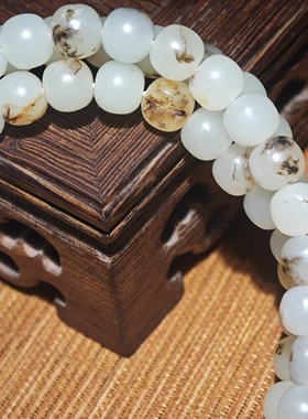 正宗新疆和田玉籽料白玉7*8mm老型珠108手链罕见天然黑皮原皮原色