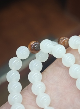 新疆和田玉籽料羊脂白玉6mm手工圆珠108颗佛珠高白项链配黄沁圆珠