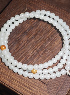 在售籽料白玉5mm圆珠项链天然黄沁肉沁老熟新疆和田玉珠链手饰链