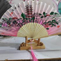 Folding fan yellow crane building female fan folding scenic area cool fan ancient wind delicate hollowed-out bamboo fan cloth face small fan