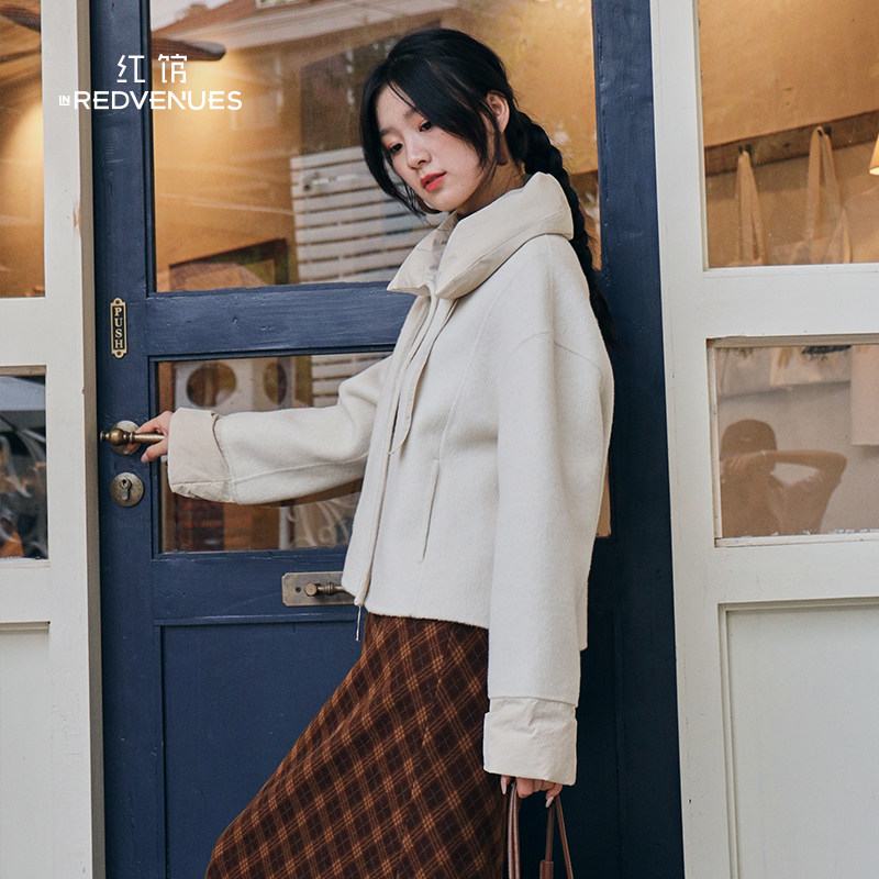 红馆|设计师款绵羊毛双面呢2025冬季新款毛呢外套女白色大衣短款,淘宝优惠券,粉丝福利购,淘宝优惠卷