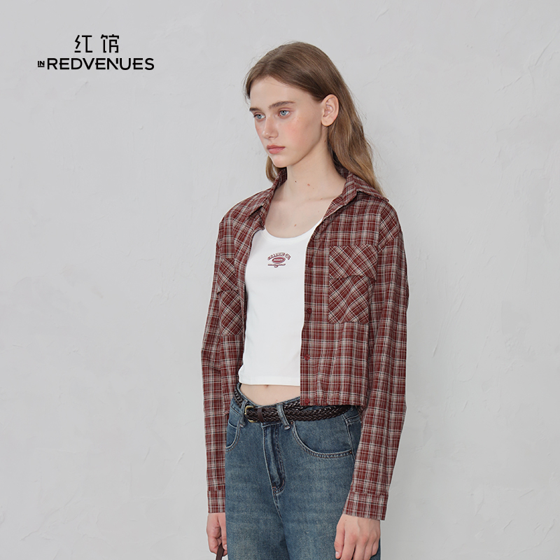 红馆2025早秋款长袖衬衫复古美式bm格子衬衫女红色小上衣外套女 - 图0