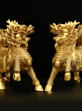 铜麒麟摆件一对纯铜火麒麟家居玄关办公室装饰客厅工艺品大号瑞兽