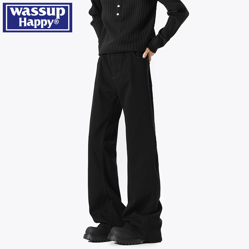 wassup happy巴黎bootcut牛仔裤子男春秋季新款宽松直筒微喇长裤 - 图0