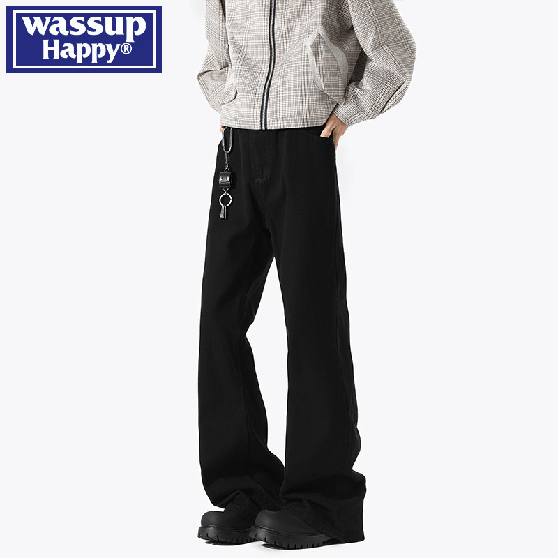 wassup happy巴黎bootcut牛仔裤子男春秋季新款宽松直筒微喇长裤 - 图1
