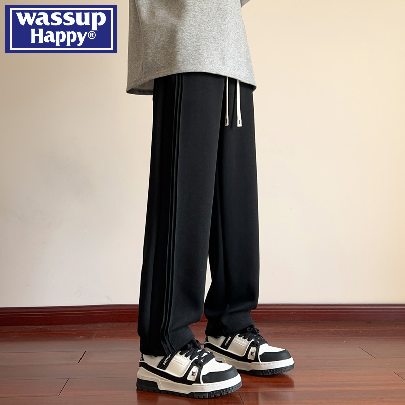 wassup happy美式褶皱直筒裤子男2025春秋季新牌宽松百搭休闲长裤 - 图1