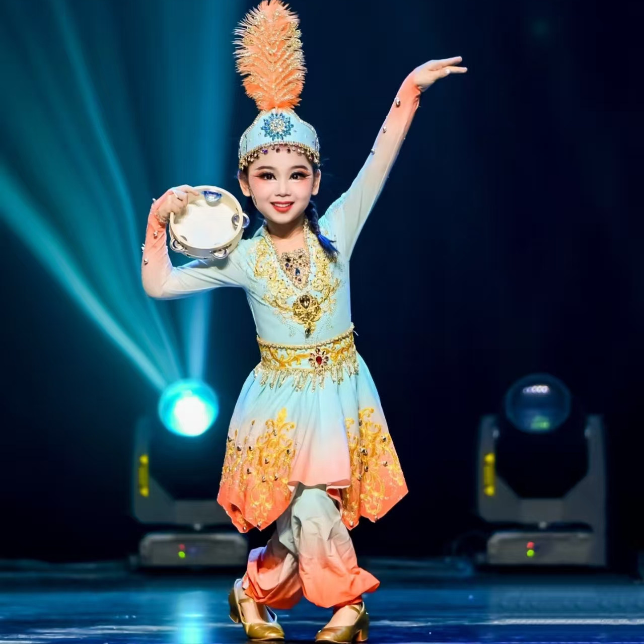 儿童新疆舞蹈演出服民族表演服儿童维吾尔族古丽米咚渐变色演出服,淘宝优惠券,粉丝福利购,淘宝优惠卷