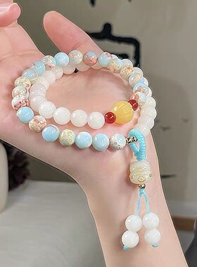 古风双圈财猫手链手串国潮新中式招女小众设计感情侣莲花串珠礼物
