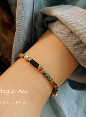 天然虎眼石绿松石925纯银手链