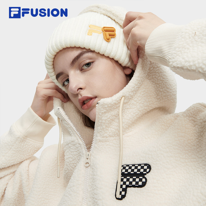 FILA FUSION斐乐潮牌仿羊羔绒卫衣情侣款连帽衫2023冬卫衣女 - 图2