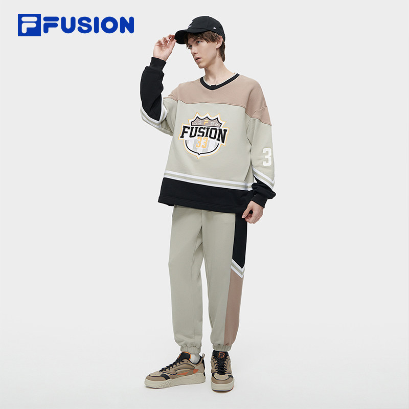 FILA FUSION斐乐潮牌男子针织套头衫2023冬宽松撞色拼接卫衣,淘宝优惠券,粉丝福利购,淘宝优惠卷