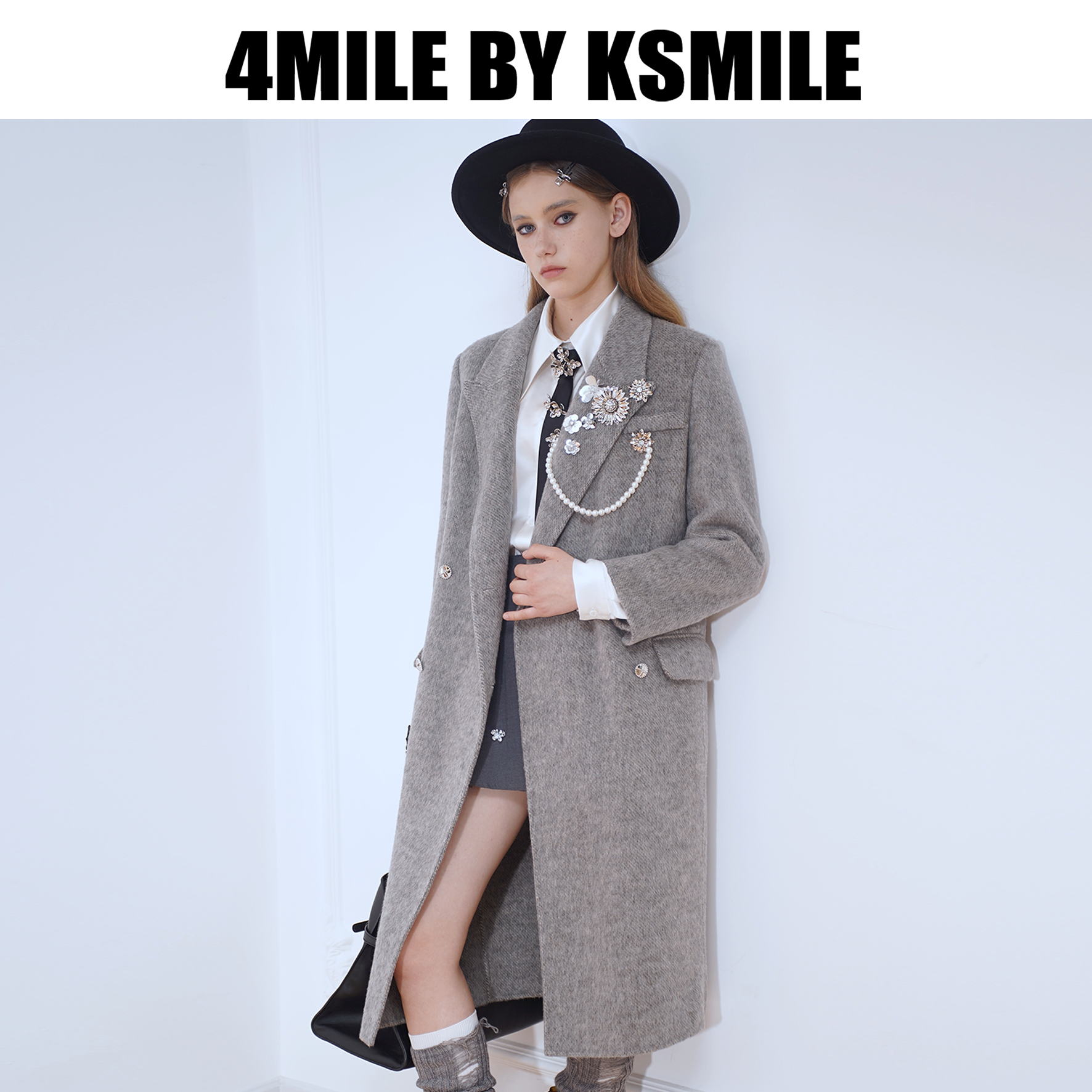 【双旦礼遇季】4MILE BY KSMILE 秋冬英伦风金属花羊驼毛西装大衣 - 图1