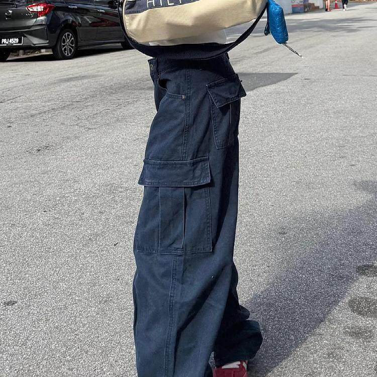 大码美式复古大口袋工装牛仔裤男女水洗宽松高街廓形阔腿弯刀长裤,淘宝优惠券,粉丝福利购,淘宝优惠卷