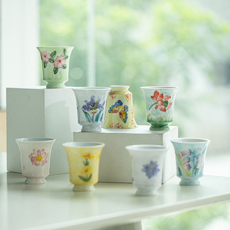 有田烧手绘高脚闻香杯 釉下彩铃兰花荷花桃花彩蝶主人杯陶瓷茶杯,淘宝优惠券,粉丝福利购,淘宝优惠卷