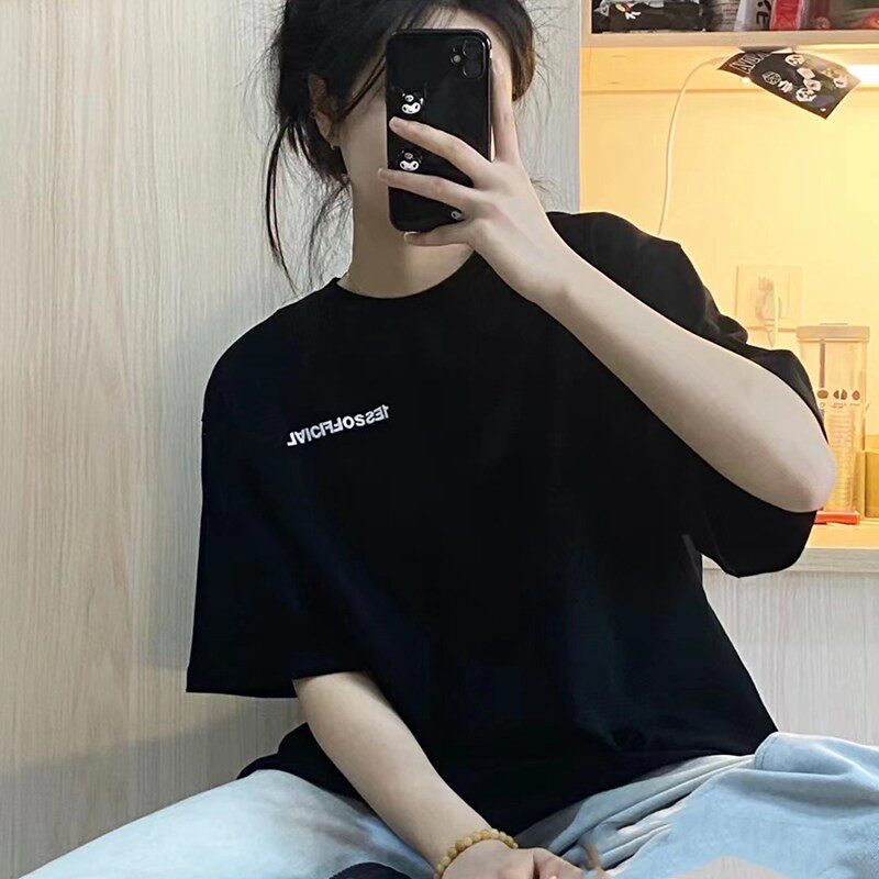 重磅100%纯棉短袖美式复古纯棉黑色T恤女宽松印花港味chic上衣