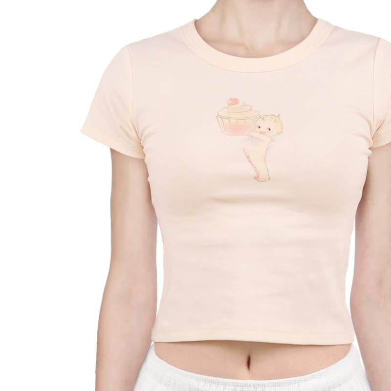 BM上衣短袖T恤女2024新款夏季短款纯欲风少女奶呼呼天使蛋糕短袖-图0