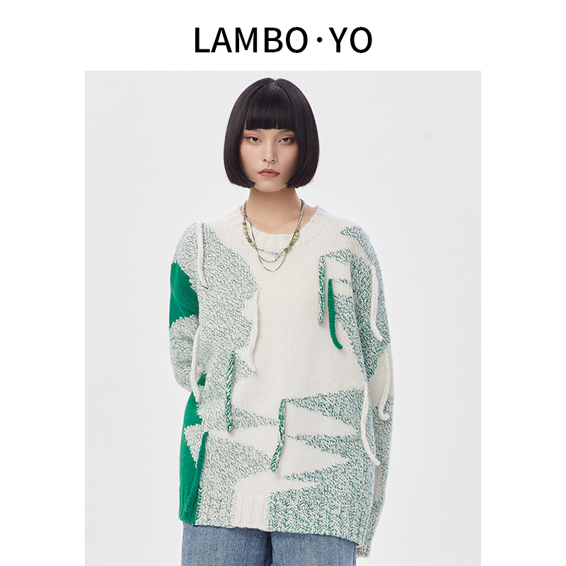 LAMBO·YO秋冬新款原创毛辫小众撞色毛衣女宽松休闲百搭针织衫