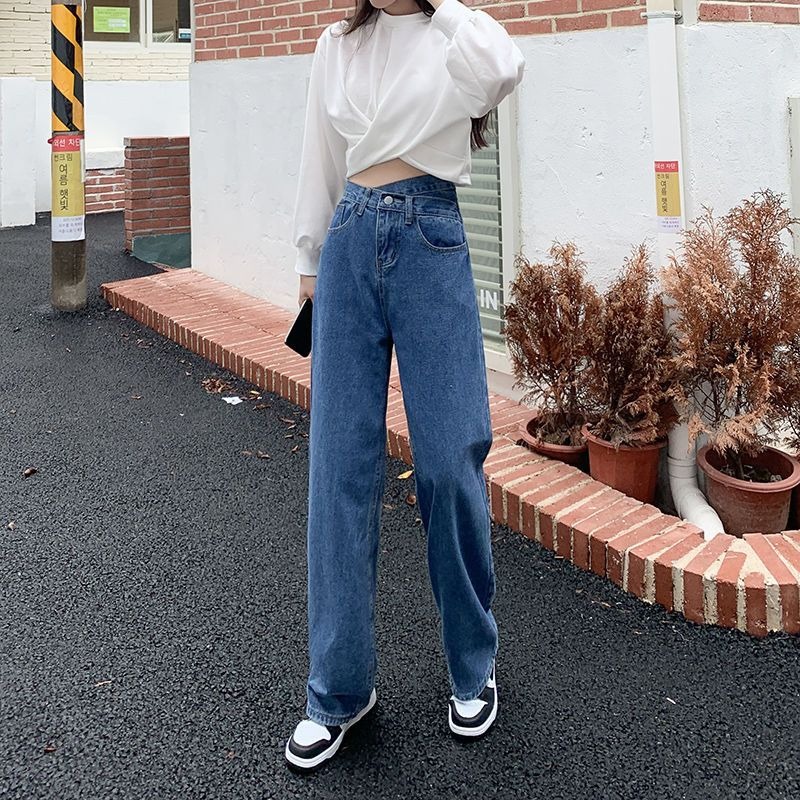 高腰阔腿牛仔裤女直筒宽松显瘦