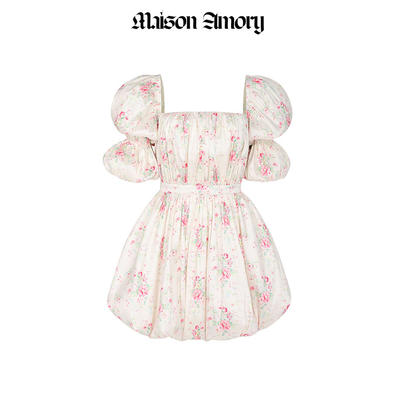 【经典系列】Maison Amory古典白底印花宫廷袖花苞迷你连衣裙 - 图2