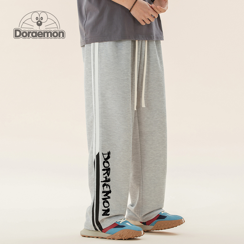 DORAEMON/哆啦A梦裤子男款侧边条纹刺绣新款宽松直筒阔腿休闲长裤