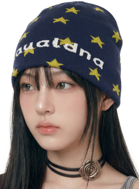 新款秋冬美式星星提花针织冷帽