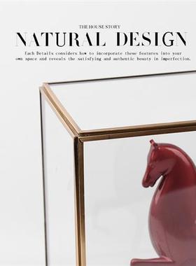 现代新中式玻璃罩红色马摆件售楼处办公室展厅展示架雕塑软装饰品