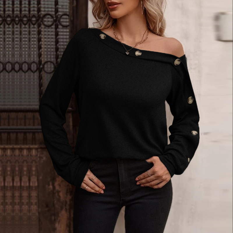 Womens Fashion Buttoned Off Shoulder Long Sleeve Tops for - 图3