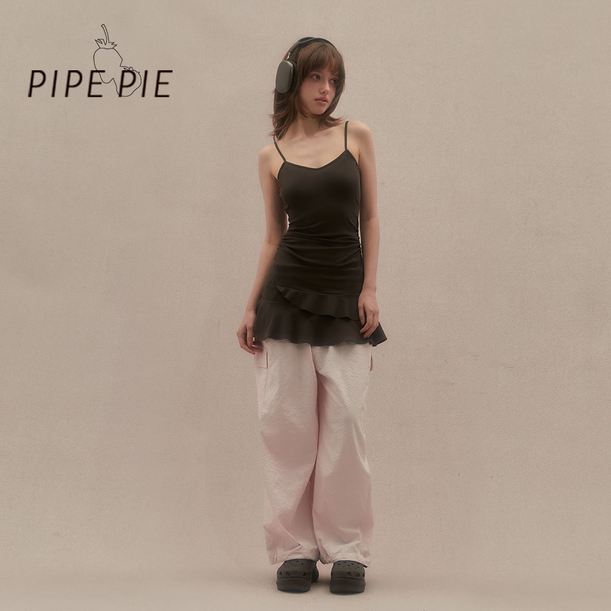 pipe pie原创设计复古芭蕾风褶皱辣妹修身显瘦性感吊带连衣裙 - 图1