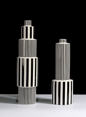 现代简约北欧意式极简黑白条纹陶瓷花瓶插摆件家居样板间软装饰品