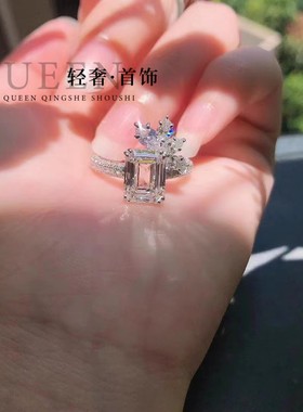 莫桑石四爪切梯方钻戒指