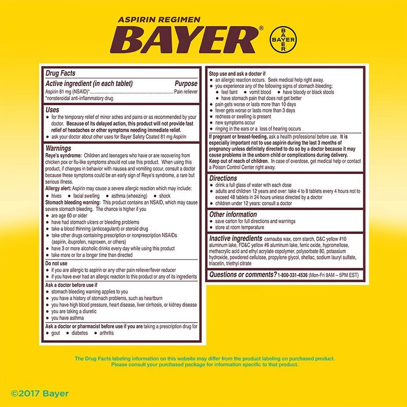 美国进口Bayer拜耳阿司匹林肠溶片81mgAspirin类抗血栓心脑血管药 - 图2