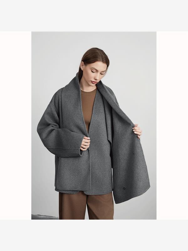 双面呢子大衣女2023新款秋冬灰色高级感围巾披肩斗篷短款毛呢外套