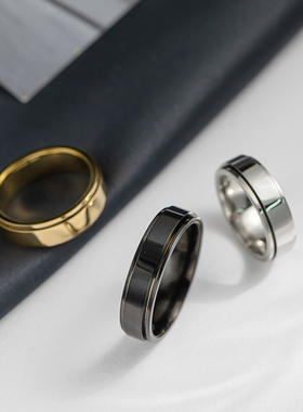 一页出品！韩版简约光面素圈不掉色转动戒指环小众设计感情侣对戒