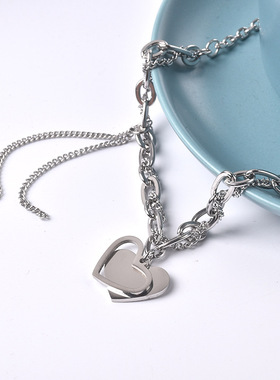 一页出品！双层拼接爱心钛钢项链小众设计感流苏锁骨链不掉色配饰