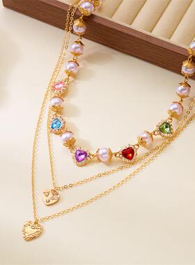 欧美跨境外贸新款项饰时尚个性设计感爱心十字架彩钻吊坠多层项链