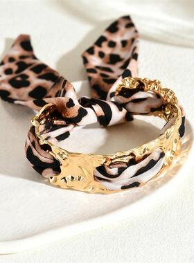 欧美跨境新款丝巾手镯 轻奢高级感法式复古豹纹彩丝巾开口手镯女