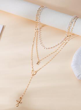 欧美跨境新款法式叠戴英文字母仿珍珠十字架项链套装长款毛衣链女