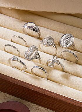 欧美跨境新款简约气质戒指 复古时尚镶钻人像十字架镂空戒指套装