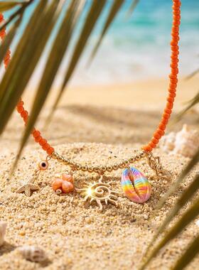 波西米亚海岛度假风欧美热卖海螺珊瑚串珠项链女 夏日多巴胺颈链