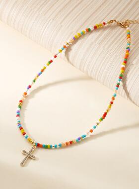 日韩跨境新款项链 创意彩色串珠十字架项链女时尚个性搭配锁骨链